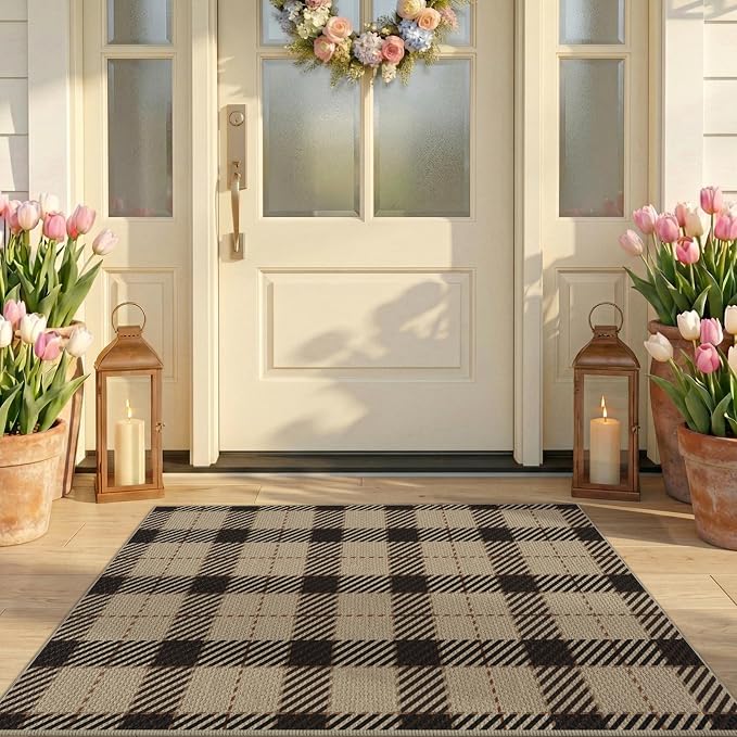 Easy Jute Outdoor Rug 27.5" x 43", Buffalo Plaid Front Porch Layering Rug, Washable Non Slip Front Door Mat for Entryway, Kitchen, Patio, Farmhouse Checkered Jute Style Decor