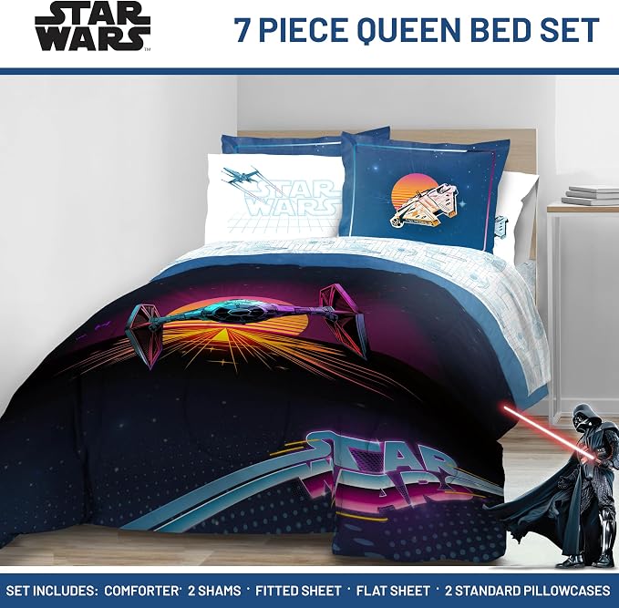 Star Wars Queen Comforter Set 7 Piece Soft Bedding for Boys, Blue | Bed in a Bag, Comforter Sheets Shams Pillowcases, Official Product, Soft Microfiber, Machine Washable, Boys Gift