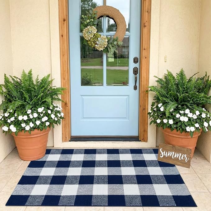 Buffalo Plaid Outdoor Rug 27.5" x 43" Navy Blue and White Checkered Area Rug Washable Doormats Indoor Outdoor Rugs for Layered Front Door Mats, Porch, Entryway, Kitchen, Farmhouse