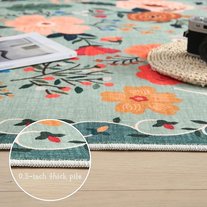 Rugcomf Living Room Rug 6x9 Rug Machine Washable Boho Area Rug Non Slip Floral Vintage Low Pile Large Rug for Living Room, Bedroom, Farmhouse, Dining Room, Kids Playroom(Green)