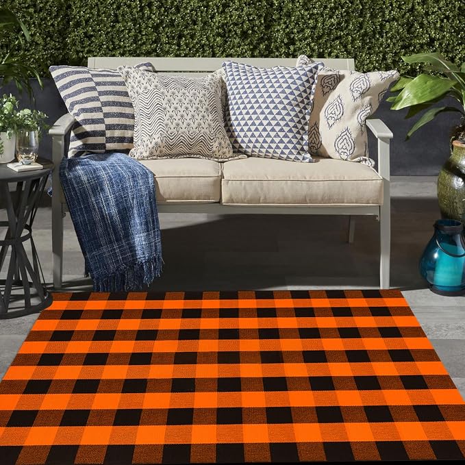 Buffalo Plaid Outdoor Rugs, 4' x 6' Orange and Black Checkered Indoor/Outdoor Area Rug, Layering Rug for Hello/Welcome Door Mat, Washable Cotton Woven Farmhouse Mat for Fall Front Porch Décor