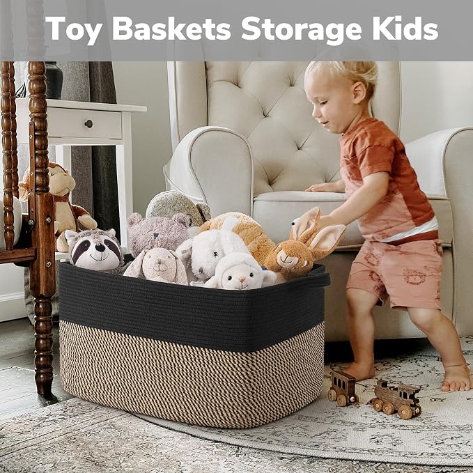 Goodpick 75L Extra Large Woven Blanket Basket, 22" x 17" x 12", Black Jute | Decorative Rectangle Basket for Blankets, Pillows & Toys Storage, Living Room & Bedroom Organization, Nursery & Home Decor
