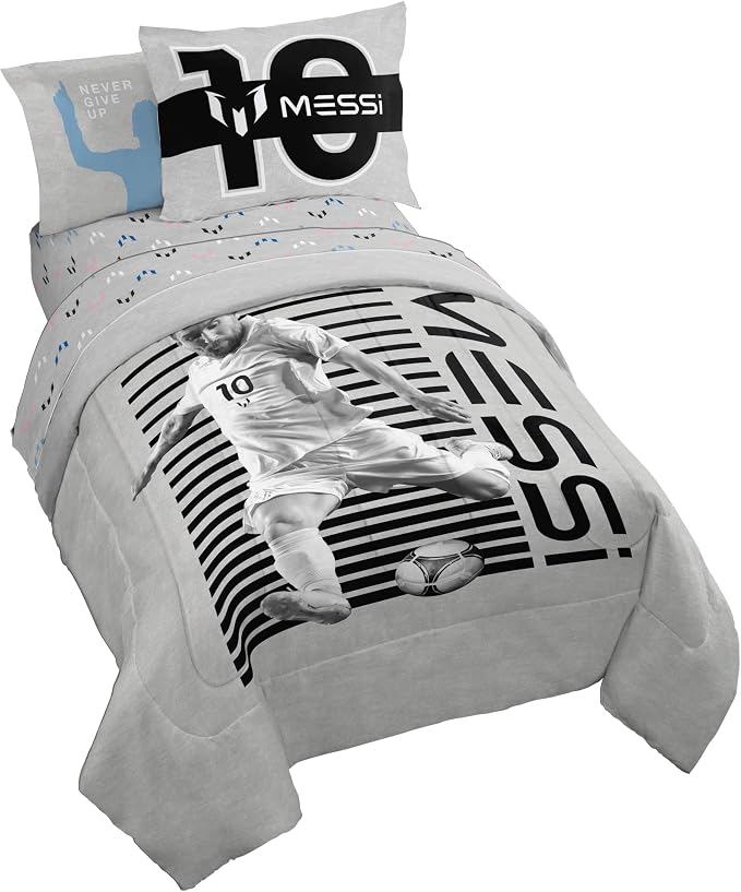 Jay Franco Kids Comforter Set Includes Sheets and Pillow Cover - Soft and Cozy Bed Set for Stylish Room Décor, Grey - Messi, 5 Piece Twin