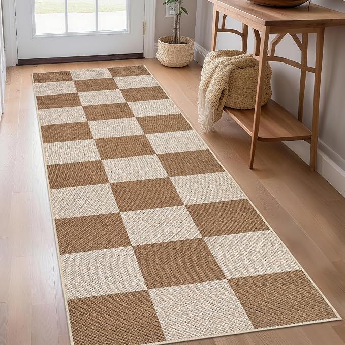 COZYLOOM 2x8 Rug Runners for Hallway Non Slip Washable Kitchen Rugs Modern Geometric Print Floor Covering Non Shedding Stain Resistant Checkered Indoor Mats for Laundry Room,Bedroom, Coffee
