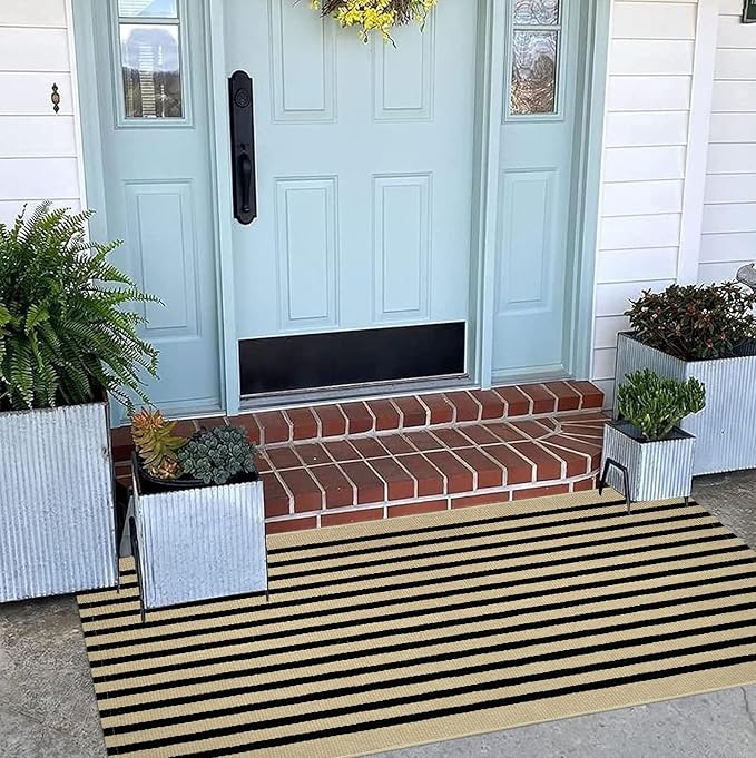 Black and Khaki Outdoor Rug 2'x4',Striped Front Porch Rug Washable Front Door Mat Entryway Throw Rug for Front Porch Indoor Outdoor Doormat