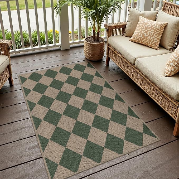 Rugalia Easy Jute Small Outdoor Patio Rug, 3x5 Green Checkered Entryway Rug Washable Modern Diamond Kitchen Rugs, Non-Slip Neutral Farmhouse Throw Carpet for Living Room Porch Backyard