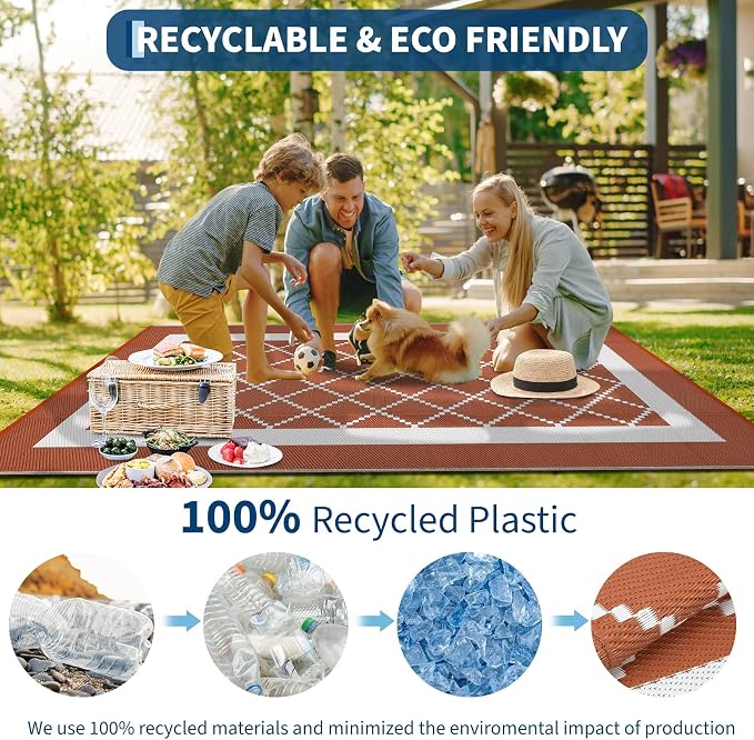 Outdoor Rug 9x18ft Waterproof Reversible Plastic Straw Patio Carpet Modern Geometric Diamond Mat Easy Clean Large for Deck Camping RV Picnic Beach 颜色: 赤陶橙/白 规格: 美国 尺寸: