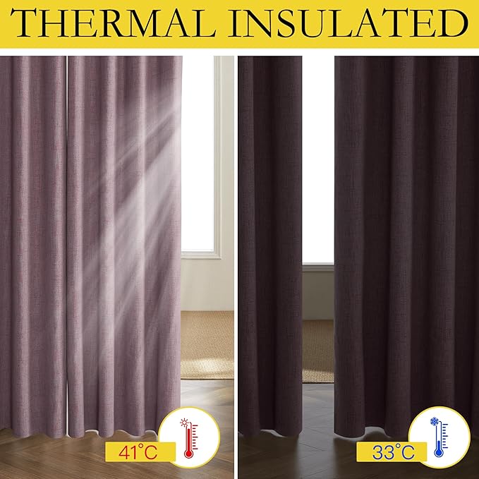 NICETOWN Chaise Mauve Vintage Linen 100% Blackout Curtains for Dining Room, Thermal Insulated Curtains 54" Long, Noise Reducing Window Treatment Drapes for Kitchen, 42" Wide Per Panel, Set of 2