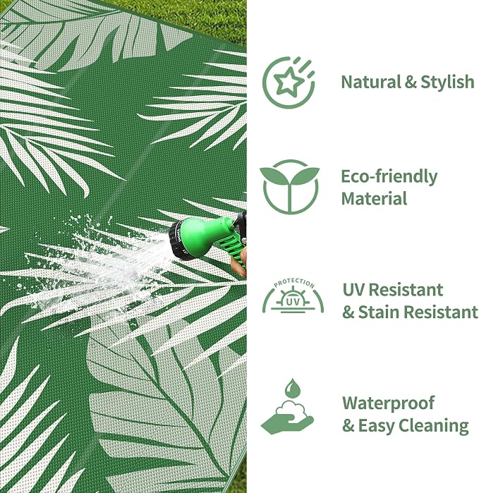 GENIMO Outdoor Rug, Waterproof Plastic Rugs 10'x14' for Camping Dark Green | Outside Larger Leaf Carpet Mat for Porch Decor, Deck, Camping, RV, Backyard, Balcony, Picnic, Beach, Reversible, Foldable