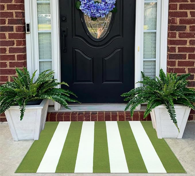 Green and White Layered Door Mats 2x3ft, Striped Outdoor Rug Cotton Woven Washable Farmhouse Small Area Rug for Entryway/Porch Decor/Kitchen/Home Entrance