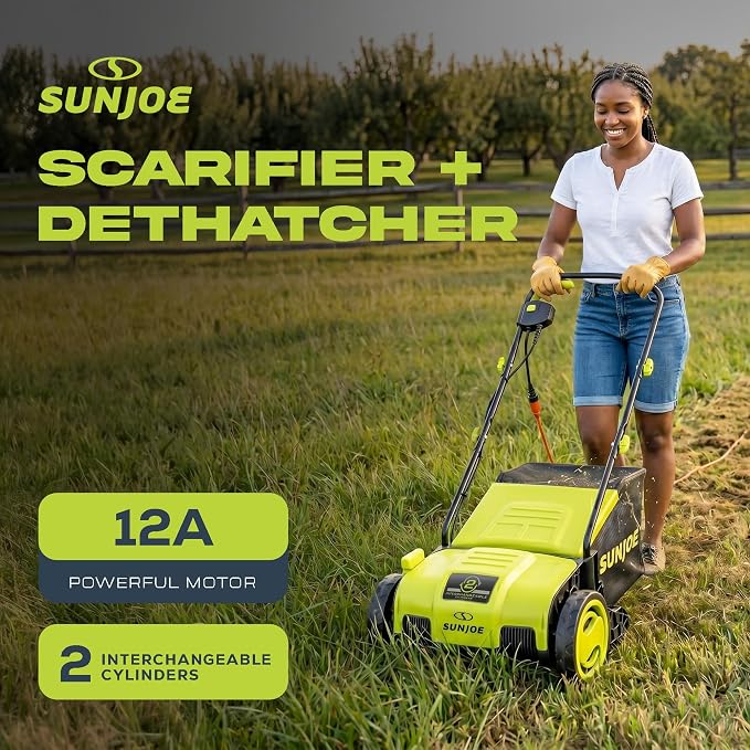 Sun Joe Corded Electric Lawn Dethatcher and Scarifier, 12-Amp, 12.6-Inch Cutting Width - Heavy-Duty Yard Trimmer and Mower Machine for Gardening Care and Maintenance, AJ798E