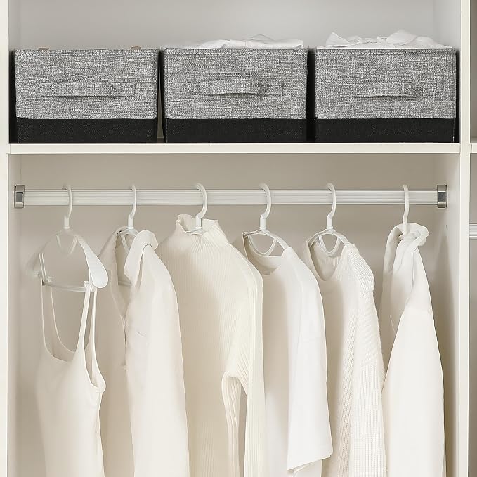 linen closet organizers and storage, 3 Pack Large Storage Baskets, Washable, Clothing Storage Bins with Handle, Closet Organizer for Storage Sweater,Sheets (gray black, 16"x9½"x6¾")