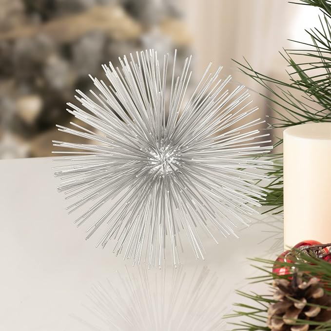 Torre & Tagus 7” Spike Silver Sphere Decor (Steel Metal Ball Decor) Handmade Starburst Table Decoration, Geometric Decorative Objects for Shelves, Mid-Century Modern Sputnik Home Table Accent