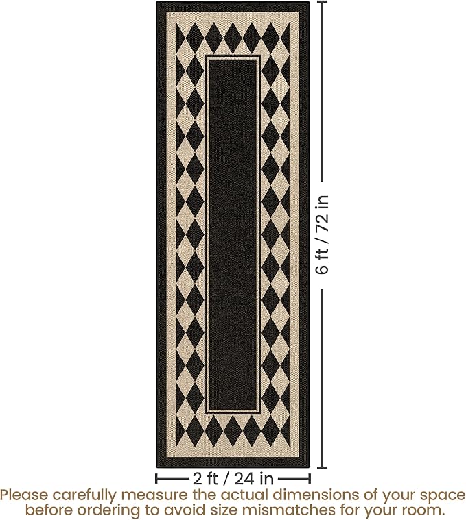 Washable Checkered Easy Jute Runner Rug 2x6, Black Checkerboard Geometric Outdoor Indoor Patio Bordered Rug, Woven Non Slip Thin Neutral Long Runner Carpet for Hallway Kitchen Entryway Porch
