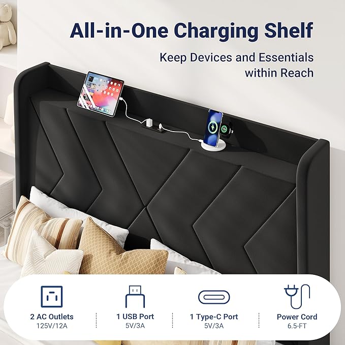 Allewie Full Size Platform Bed Frame with Charging Station and Storage Shelf/Upholstered Velvet Wingback Headboard/Wooden Slats Support/No Box Spring Needed/Easy Assembly, Black
