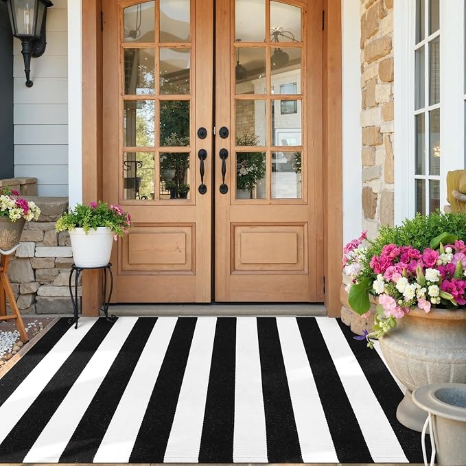 Collive Black and White Rug 4'x 6', Washable Striped Outdoor Indoor Rug,Farmhouse Cotton Woven Layered Door Mat,Fall Front Porch Decor Door Mat for Front Door Patio Porch Living Room Kitchen