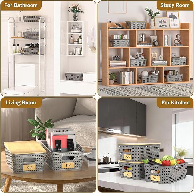 Stackable Storage Baskets: 8 Pack Plastic Baskets Bins, Gray | Decorative Baskets for Organizing, Pantry Decorative Containers for Closets, Cabinets, Shelves