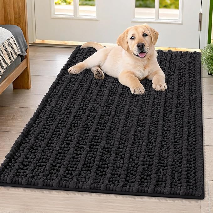 Smiry Dog Door Mat for Muddy Paws 40x32, Absorbent Dirt Trapper, Non-Slip Washable Chenille Entryway Rug for Inside Floor, Black, Layered Pattern