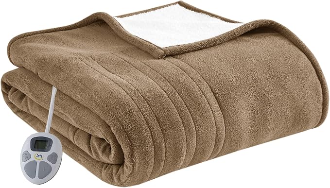 Serta Heated Blanket King - Reversible Fleece Heating Blanket, Stone Brown | Dual-Layer Heated Throw Blanket With 5 Heat Settings & Auto Shut Off, Machine Washable, ETL Certified