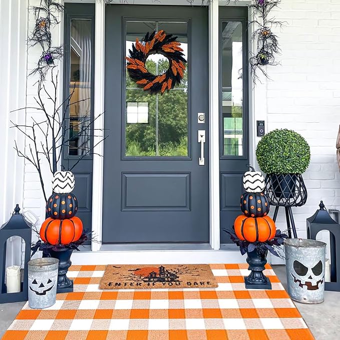 Bottalive Buffalo Plaid Outdoor Rugs, 3'x5' Orange and White Checkered Indoor/Outdoor Area Rug, Layering Rug for Hello/Welcome Door Mat, Washable Cotton Woven Farmhouse Mat for Fall Front Porch Décor