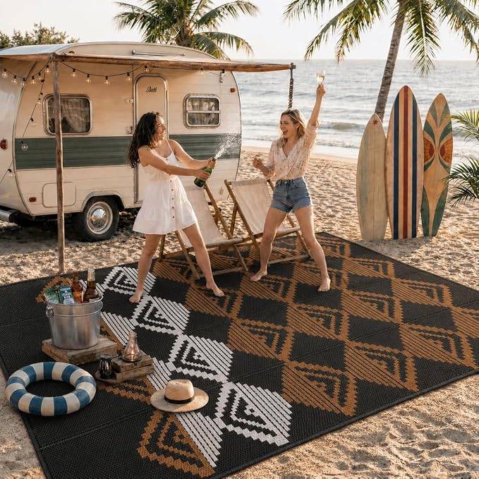 Lahome Waterproof Outdoor Patio Rug 9x12, Reversible Large Outdoor Rug for Patios, Camping Rugs for RV Backyard Deck Picnic Beach Trailer (Black/Brown, 9' x 12')