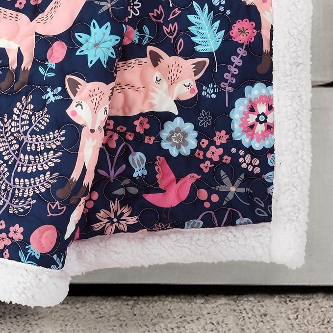 Lush Decor Pixie Fox Sherpa Throw Blanket 50”W x 60" L Navy & Pink - Sherpa Blankets - Toddler Blanket for Bed - Pink Girls Room Decor - Floral Throw