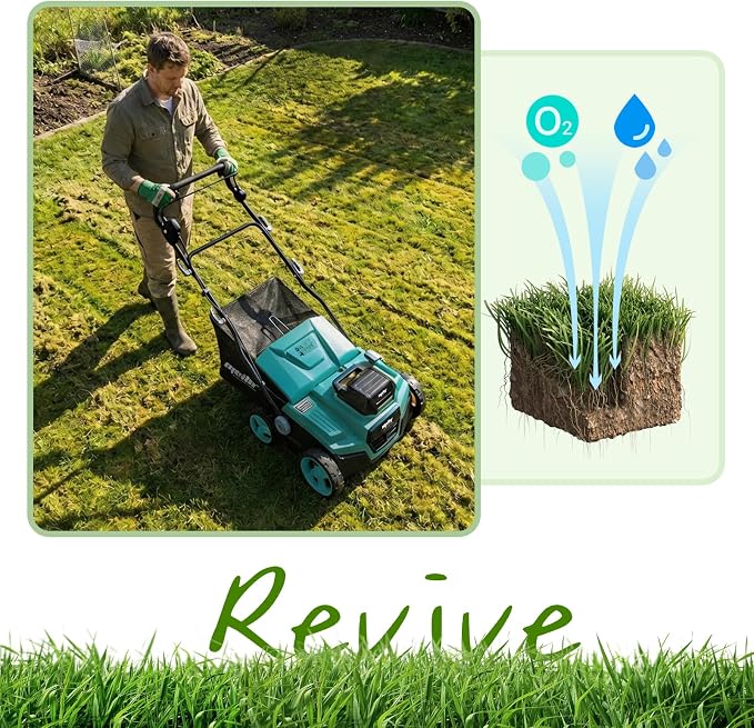 Cordless Lawn Dethatcher and Scarifier Compatible with Makita 18V Battery | Tool Only, 15" Electric Brushless Dethatcher, 36V Dual Battery Powered, Air Boost Technology, 12-Gal Collection Bag, 5 Depths