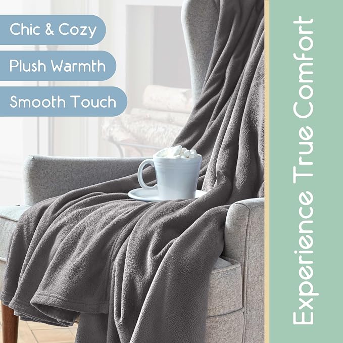 Twin Size Microfleece Fleece Blanket - Supersoft Lightweight Plush Throw for Bed, Couch, Travel & Pets - All-Season Comfort - Gray