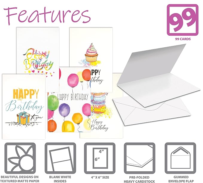 Better Office Products Happy Birthday Cards, 99-Pack, 4 x 6, Fun & Chic Hand Drawn Designs on Heavyweight Textured Cardstock, for All Ages, Blank Inside, with 99 Envelopes