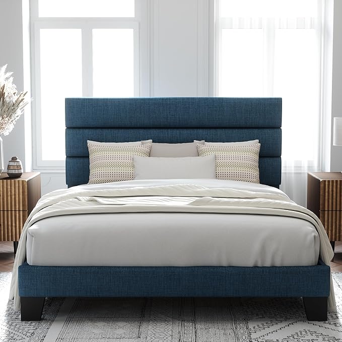 Allewie Queen Size Platform Bed Frame with Fabric Upholstered Headboard | Wooden Slats Support, Fully Upholstered Mattress Foundation, No Box Spring Needed, Easy Assembly, Noise-Free, Blue
