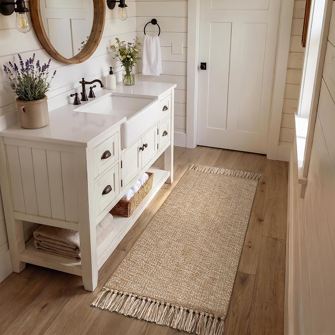 Collive Bathroom Runner Rug, 2' x 5' Modern Farmhouse Kitchen Runner Rug Hand-Woven Entryway Rugs Runners for Hallway, Tan Boho Washable Laundry Carpet Indoor Front Door Mat for Bedroom Decor