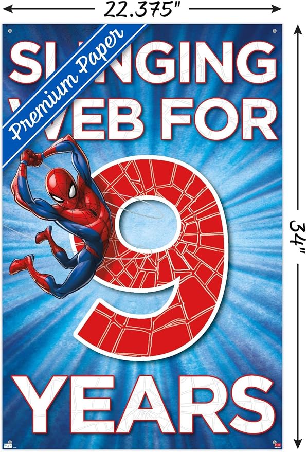 Trends International Marvel Spider-Man - Happy 9th Birthday Wall Poster, 22.37" x 34.00", Premium Poster & Push Pin Bundle