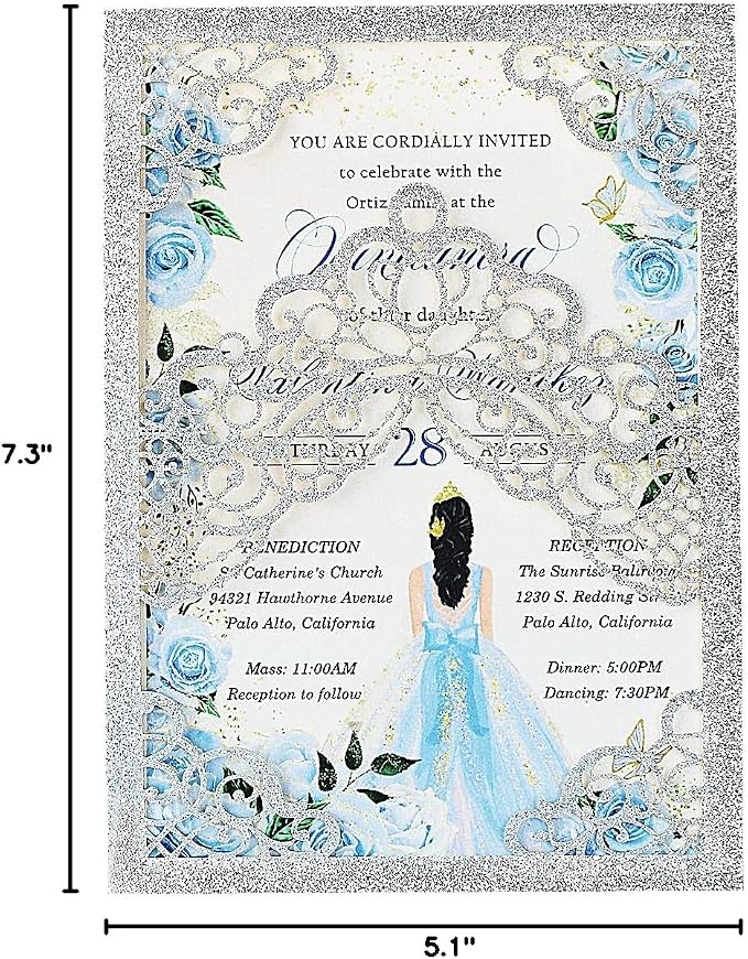 Hosmsua 50PCS Personalized Silver Glitter Quinceanera Invitations Kit 5.1x7.3 Inch Laser Cut Floral Crown Pocket Quinceanera Invitation Cards with Envelopes for Birthday Quince Invitation