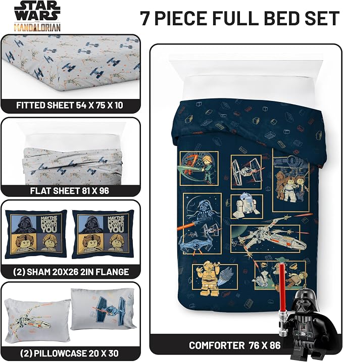 Jay Franco Kids Comforter Set Includes Sheets and Pillow Covers - Soft and Cozy Bed Set for Stylish Room Decor, Official Licensed Bedding, Blue - LEGO®, 7 Piece Full