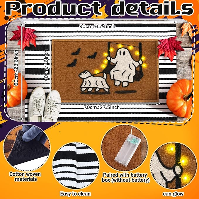Moucuny 2 Pcs Halloween Coir Doormat Outdoor Cute Ghost with Dog Mat, Black and White Stripe Area Rug Halloween Outdoor Doormat for Front Door Porch Entryway Decor, 16'' x 28'', 24'' x 35''