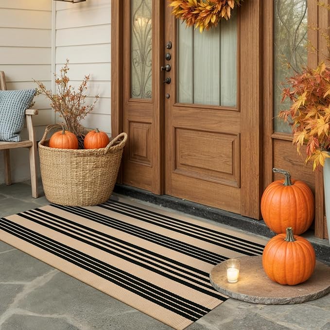 KIMODE Front Door Mats 24"x51", Black and Khaki Striped Layered Door Mats Outdoor,Machine Washable Farmhouse Front Porch Rug Fall Decor Cotton Hand Woven Entryway Rug for Doorway