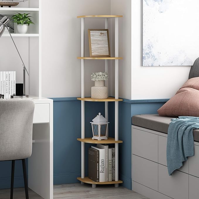 Furinno Turn-N-Tube Corner Shelf Set of 2, 5-Tier Corner Bookshelf, Open Storage Shelves, for Organization and Storage, Living Room, Home Office, Garage, Beech