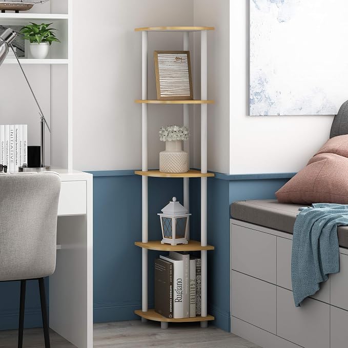 Furinno TURN-N-TUBE Corner Shelf, 5-Tier Corner Bookshelf, Open Storage Shelves, for Organization and Storage, Living Room, Home Office, Garage, Bedroom, Beech