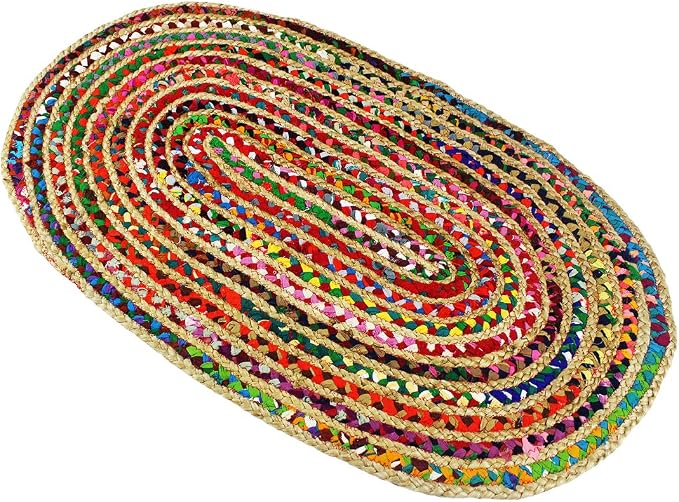 Cotton Craft - Hand Woven Reversible Jute & Cotton Multi Chindi Braid Rug - 4 x 6 Feet Oval - This Rug is Made from Multi Color re-cycled Yarns, Actual Product May Vary in Color from The Image Shown