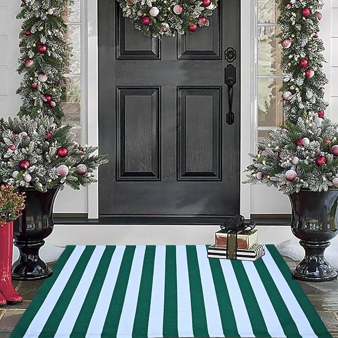 Green and White Striped Outdoor Rug St. Patrick's Day Rug 27.5'' x 43'' Spring Doormat Layered Welcome Mat for Farmhouse Easter Spring Front Porch Entryway Decor