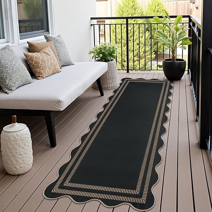 Scalloped 2.6x8 Kitchen Runner Rug, Washable Rugs for Entryway Non Slip Outdoor Indoor Black Long Rug, Farmhouse Morden Carpet for Hallway Bedroom