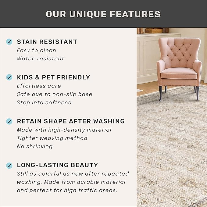 Long Ivory Farmhouse Hallway 2'6''x8' Runner Rug, Washable Non Slip Runner for Kitchen, Entryway, Low Pile Floral Stain Resistant Neutral Rugs