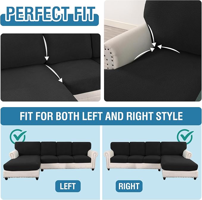 H.VERSAILTEX Sectional Couch Covers 8 Pieces Stretch Sofa Covers for Sectional Sofa Set Separate L Shaped Couch Cover for Both Left/Right Couch (Seat and Back: 1 Chaise + 3 Sofa, Black)