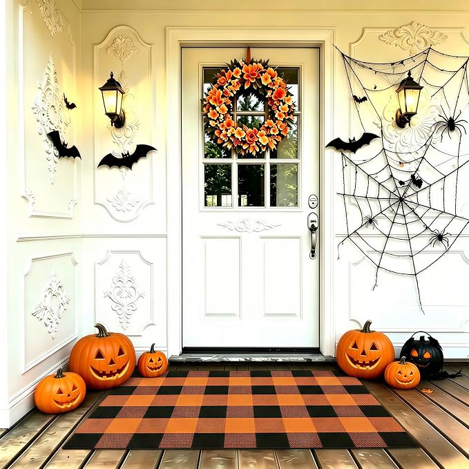 Halloween Orange and Black Buffalo Plaid Rug, 2'4'' x 3'7'' Indoor Outdoor Durable Rug, Spooky Accent Mat for Halloween Indoor Outdoor Decor, Living Room, Porch, Patio, Entryway