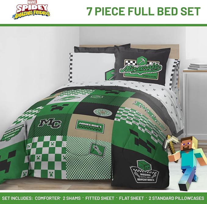 Minecraft Creeper Full Size Comforter Set 7 Piece Kids Bedding, Multi | Zombie Enderman, Comforter Sheets Shams Pillowcases, Official Product, Soft Microfiber, Machine Washable, Boys Gift