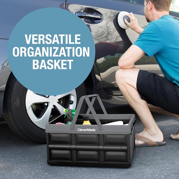 CleverMade Collapsible Shopping Basket, 32L, 3 Pack, Stone | Rigid walls support up to 35 lb, while top and side handles balance heavier grocery, laundry, or gear loads.