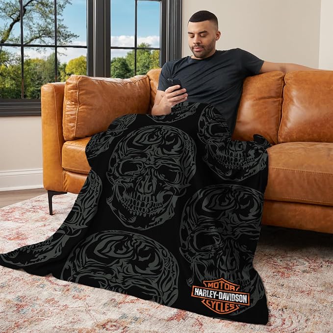 Northwest Harley-Davidson Muted Skulls Silk Touch Throw Blanket, 46 x 60 in | 100% Polyester, Velvety Feel, Lightweight Warmth, Couch Bed Chair Lounging, Giftable Indoor Comfort