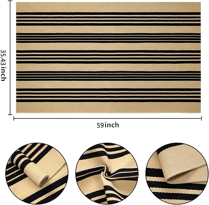 BUAGETUP Outdoor Rug 3'x 5',Khaki and Black Striped Area Rug Cotton Woven Washable Rug Indoor/Outdoor Area Rug Floor Mat for Farmhouse Living Room Bedroom