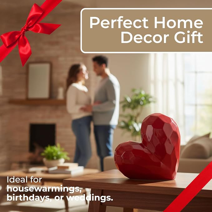 Decorative Ceramic Heart Sculpture for Home Decor - Ornament for Bathroom, Office, and Living Room Decor - Modern Figurine Accent for Bedroom, Shelf Display, and Coffee Table - 12", Red