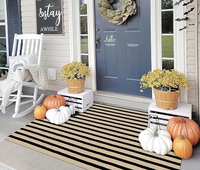 OJIA Washable Outdoor Rug 3'x5' Black and Tan Striped Porch Rug Patio Rugs | Entryway Rugs Indoor Front Door Mat Outside Entrance Cotton Floor Carpet for Entry/Living Room/Balcony/Deck Outdoor Decor